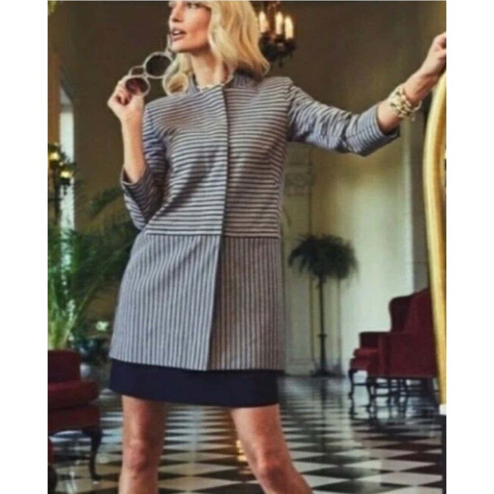 Cabi 5474 Striped Car Coat Gray Navy Stripe Long Lightweight 3/4 Sleeve Sz Large